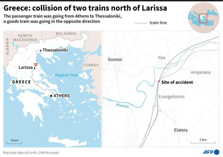 Mappa che individua lo scontro frontale tra i treni a nord di Larissa sulla linea tra Atene e Salonicco.