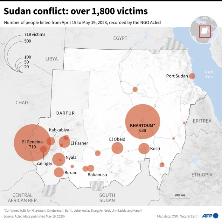 Mappa che mostra il numero di persone uccise nei combattimenti e negli scioperi in Sudan tra il 15 aprile e il 19 maggio, secondo i dati della ONG Acled