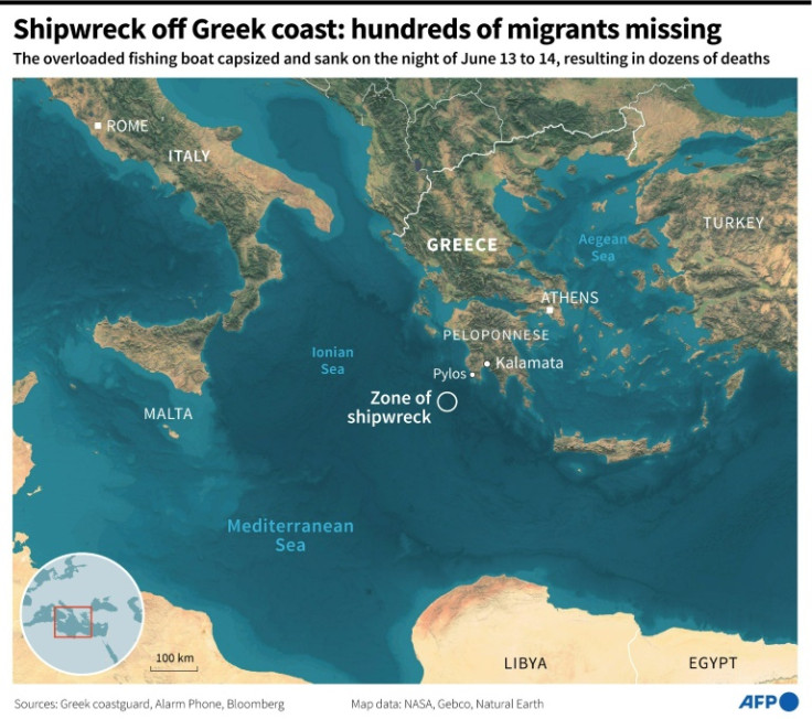 Mappa che mostra la zona in cui un peschereccio, carico di migranti, si è capovolto ed è affondato al largo delle coste greche nella notte tra il 13 e il 14 giugno.